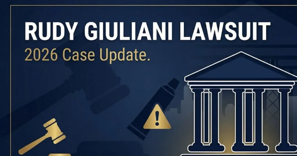 Rudy Giuliani lawsuit 2026 update banner with courthouse silhouette, gavel icon, navy and gold design
