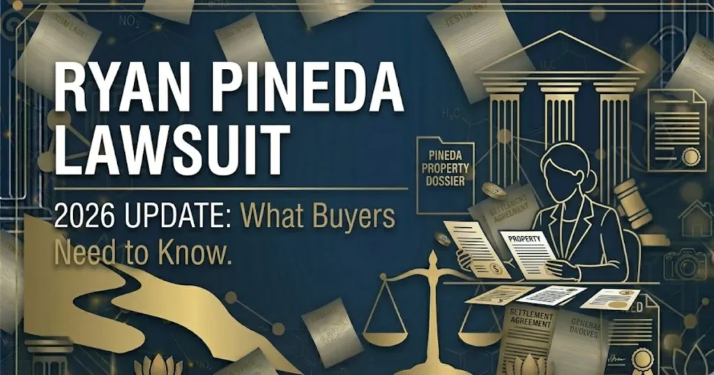 Ryan Pineda lawsuit 2026 legal editorial banner with gavel icon and courthouse silhouette on navy background
