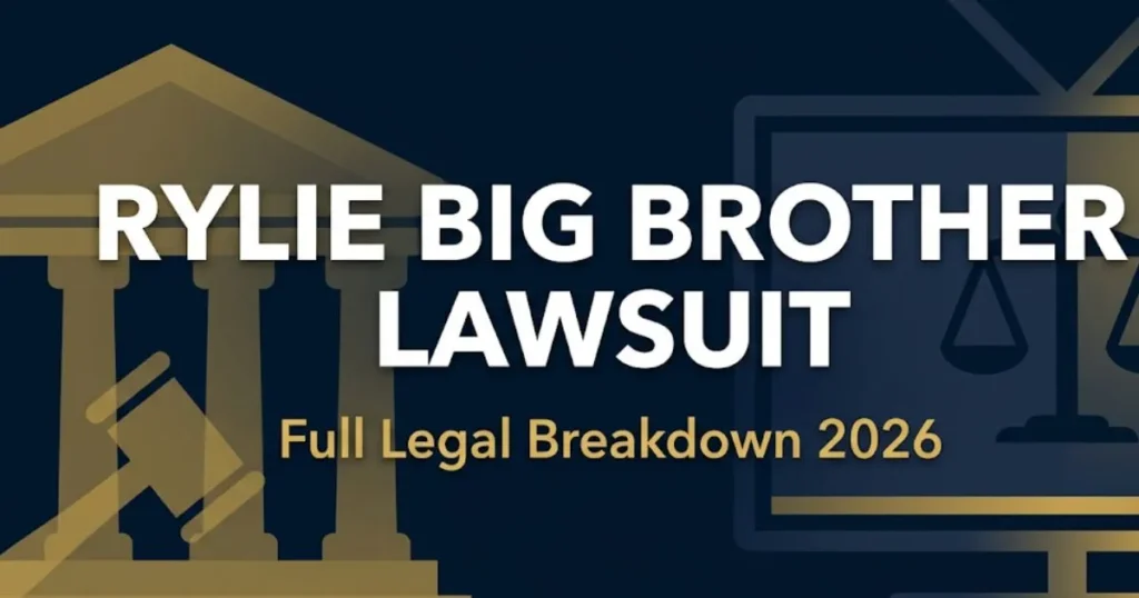 Rylie Big Brother Lawsuit legal breakdown 2026 editorial banner with courthouse silhouette and legal scales icon