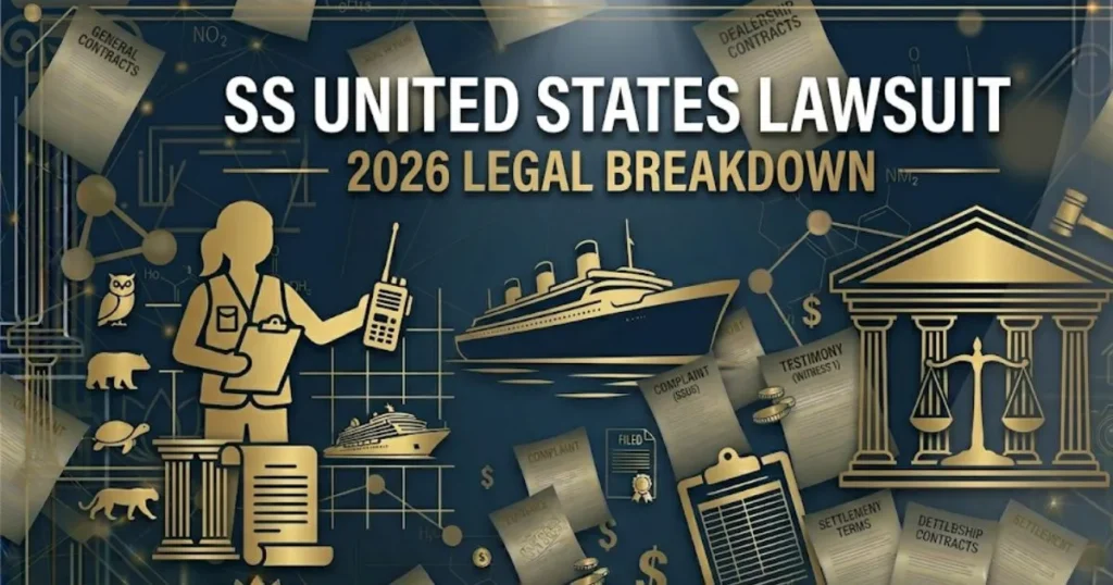 SS United States lawsuit 2026 legal breakdown hero banner with ship silhouette and courthouse icons on navy background