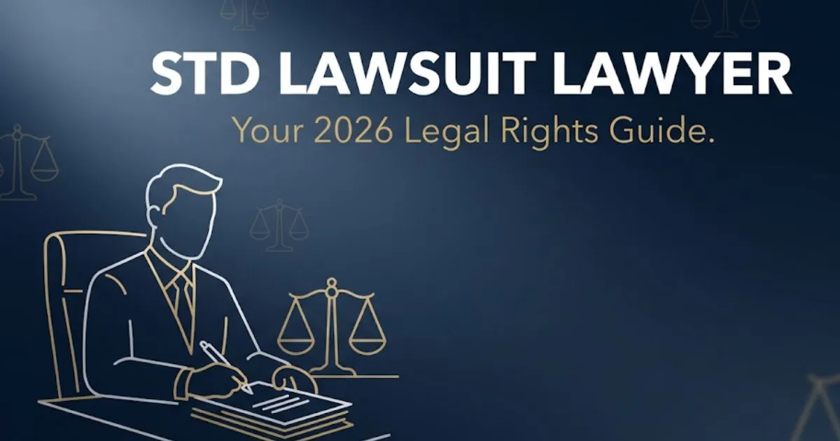 STD lawsuit lawyer 2026 legal rights guide banner with scales of justice and attorney silhouette on navy background