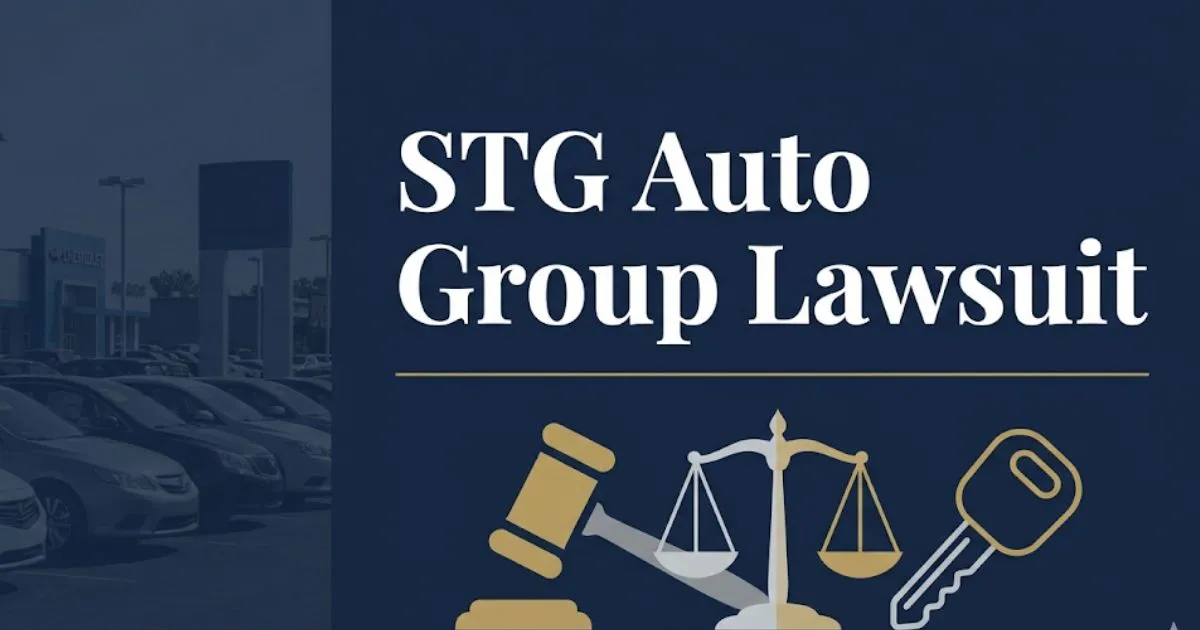 STG Auto Group Lawsuit 2026 legal guide banner with gavel and scales of justice imagery
