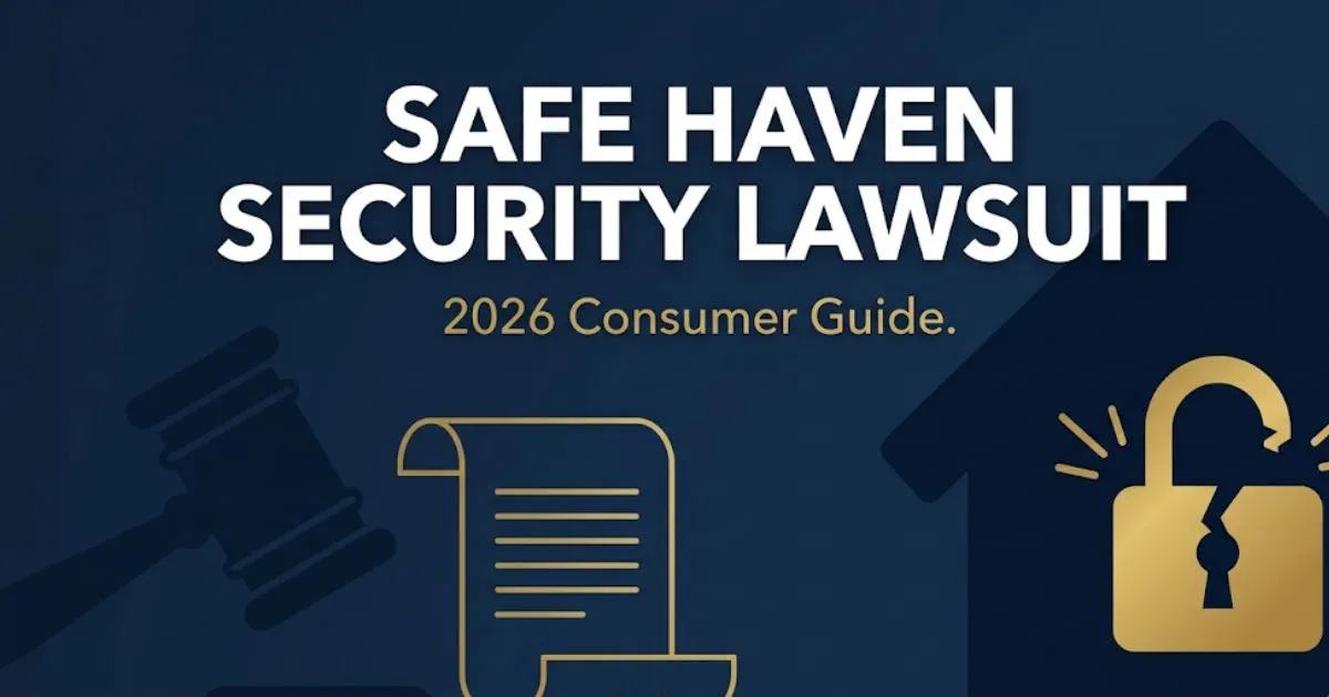 Safe Haven Security Lawsuit 2026 guide banner with navy background, gold accents, and legal symbols