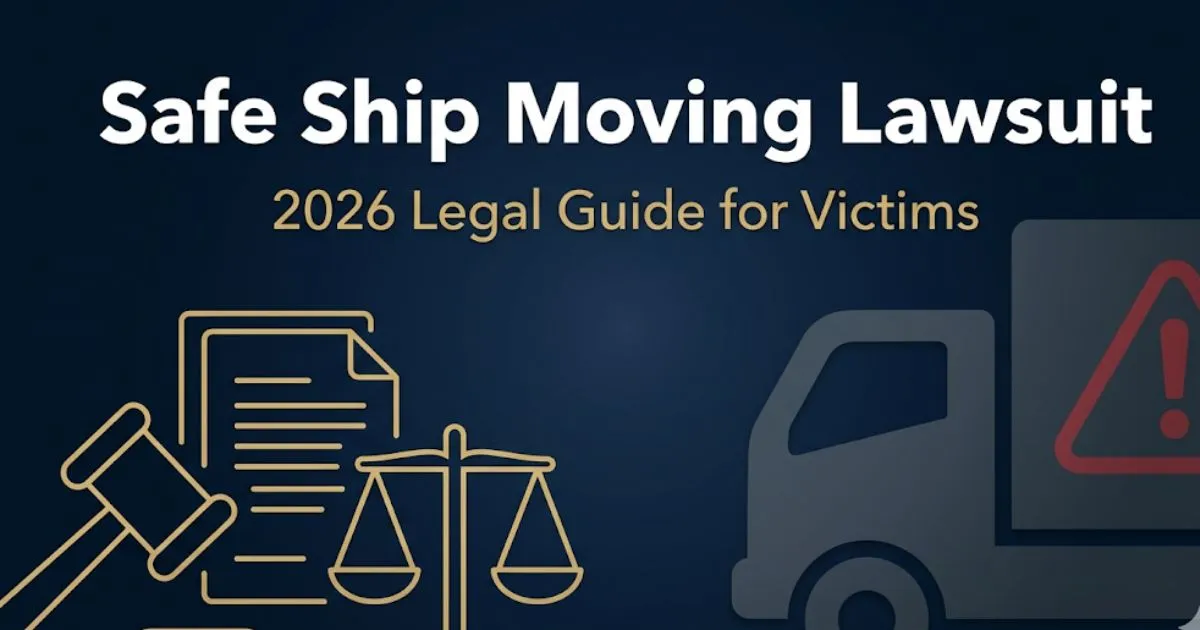 Safe Ship Moving Lawsuit 2026 legal guide banner with navy background, gold accents, gavel icon, and moving truck silhouette
