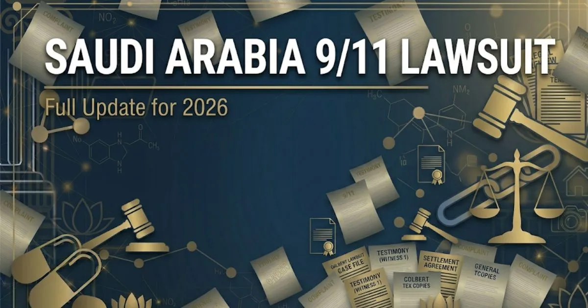 Saudi Arabia 911 Lawsuit 2026 update banner with legal scales and courtroom silhouette on navy background
