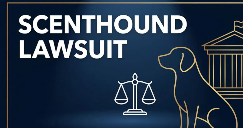 Scenthound lawsuit 2026 legal banner with courthouse silhouette and dog icon on navy background MAIN KEYWORD {{scenthound lawsuit}} CLUSTER KEYWORDS {{paste cluster keywords, separated by o