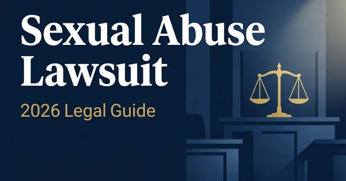 Sexual abuse lawsuit 2026 legal guide banner with scales of justice and deep navy editorial design