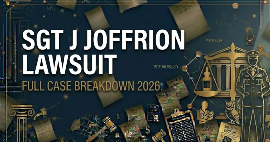 Sgt J Joffrion lawsuit blog banner with bold headline text legal silhouette and courthouse icons on navy background
