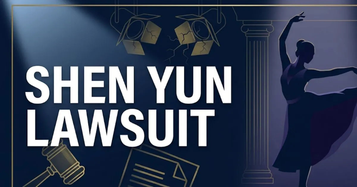 Shen Yun lawsuit 2026 editorial banner with legal gavel and performer silhouette on navy background