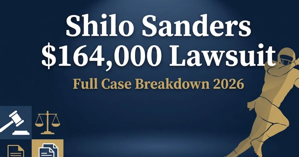 Shilo Sanders $164,000 lawsuit blog banner with legal symbols, gavel, and football silhouette on navy background
