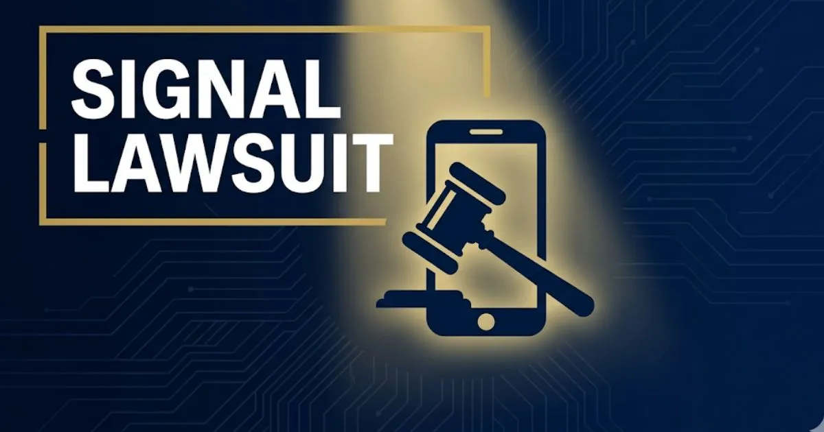 Signal lawsuit 2026 legal banner showing gavel and smartphone silhouette with bold headline text on navy background