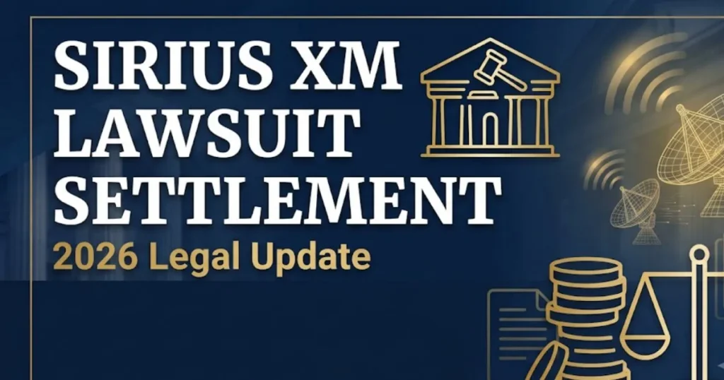Sirius XM lawsuit settlement 2026 legal banner with satellite and scales icons on navy background