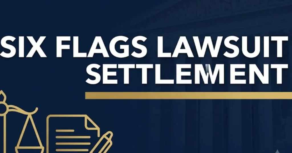Six Flags lawsuit settlement 2026 guide hero banner with legal scales and courthouse silhouette on navy background