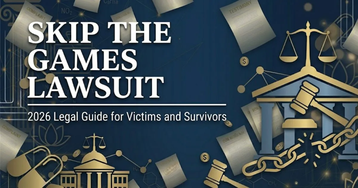 Skip the Games lawsuit 2026 legal guide banner with courthouse silhouette and justice symbols on navy background.