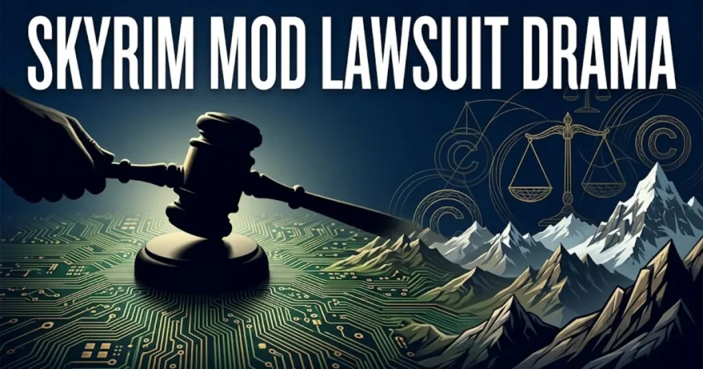 Skyrim mod lawsuit drama 2026 legal guide banner with gavel and copyright symbols