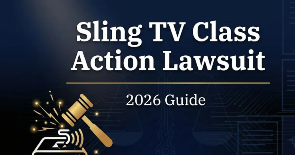 Sling TV class action lawsuit 2026 guide banner with gavel and streaming icon in navy and gold