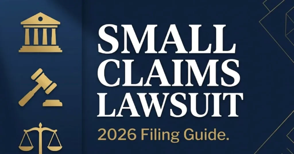 Small claims lawsuit 2026 guide banner with courthouse and gavel icons