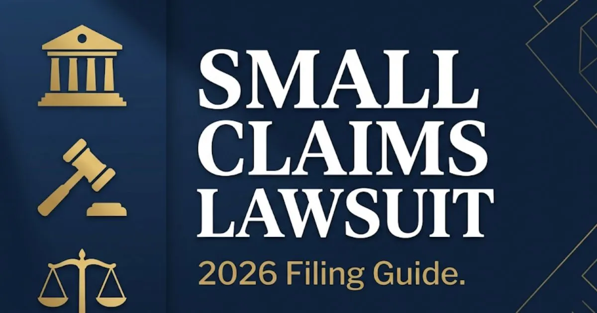 Small claims lawsuit 2026 guide banner with courthouse and gavel icons
