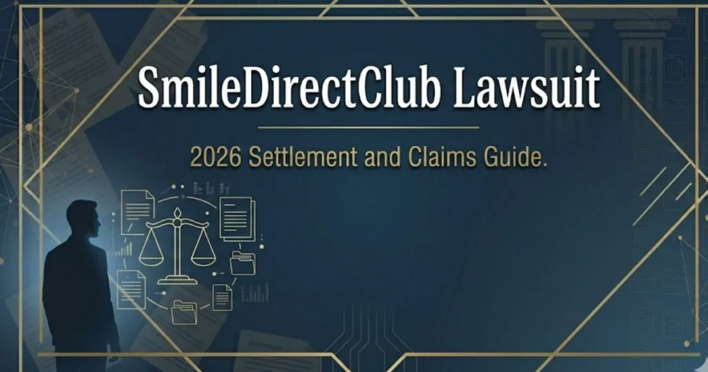 SmileDirectClub lawsuit 2026 settlement and claims guide banner with legal scales and navy background