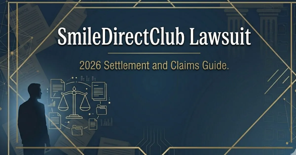 SmileDirectClub lawsuit 2026 settlement and claims guide banner with legal scales and navy background