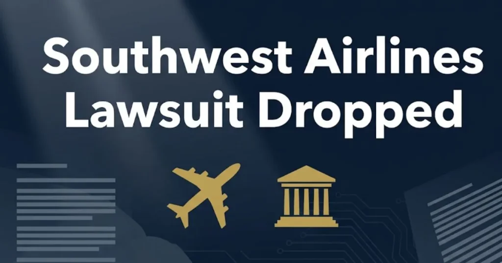 Southwest airlines lawsuit dropped 2026 legal update banner with airplane silhouette and courthouse icon on navy background