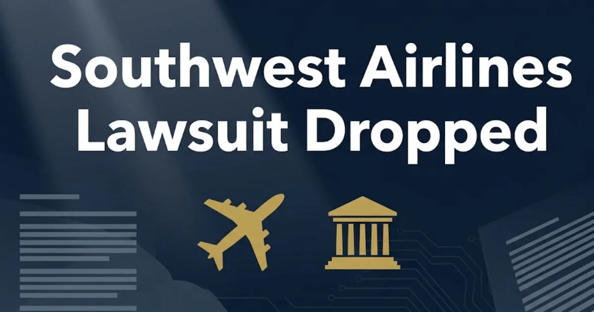 Southwest airlines lawsuit dropped 2026 legal update banner with airplane silhouette and courthouse icon on navy background