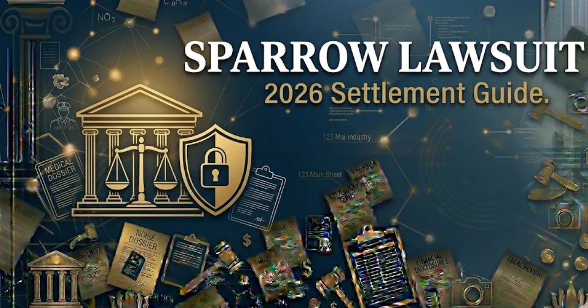 Sparrow lawsuit 2026 settlement guide banner with legal icons, courthouse silhouette, and bold headline text on navy background. MAIN KEYWORD {{sparrow lawsuit}} CLUSTER KEYWORDS {{paste clus