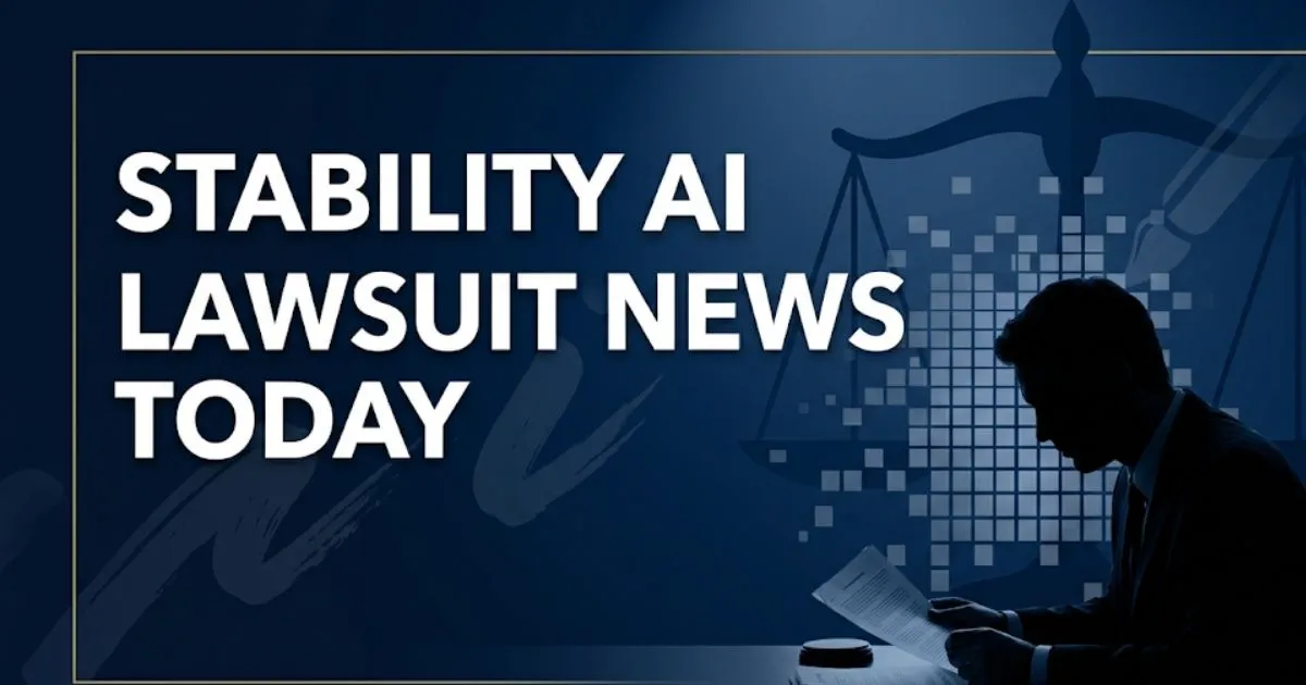 Stability AI lawsuit news today 2026 blog banner featuring legal scales and digital art imagery on navy background