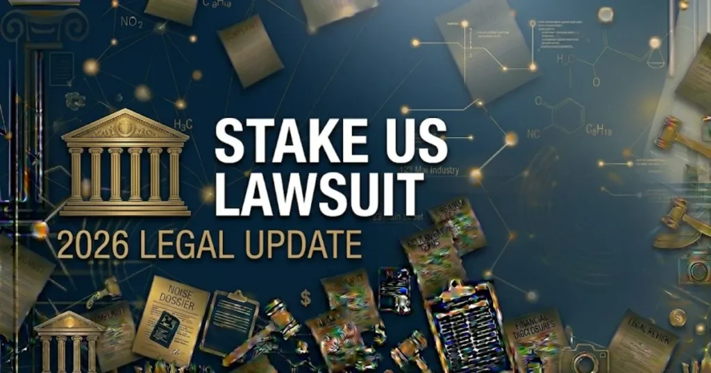 Stake US lawsuit 2026 legal update banner with courtroom silhouette and scales of justice on navy background