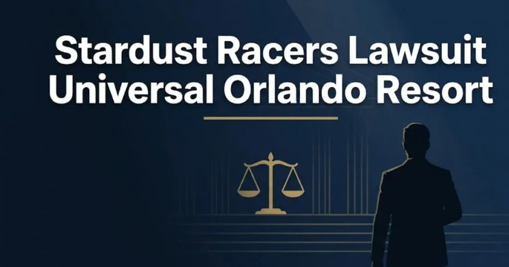 Stardust Racers lawsuit Universal Orlando Resort 2026 legal guide banner with scales of justice and dark navy background