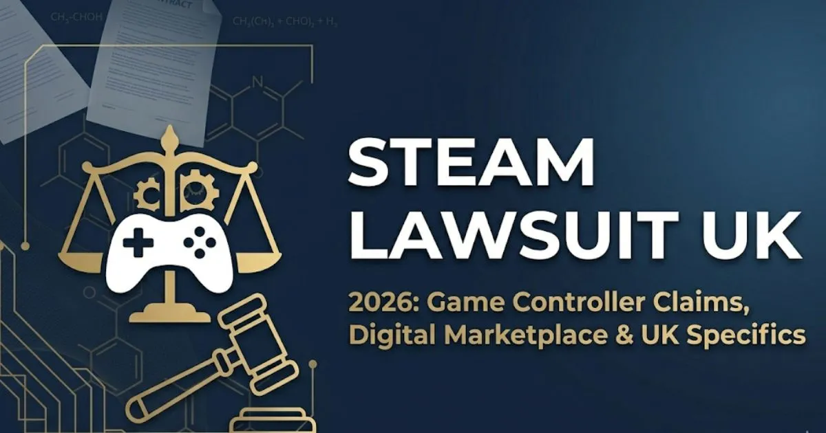 Steam Lawsuit UK 2026 banner with gavel and gaming icons on navy background
