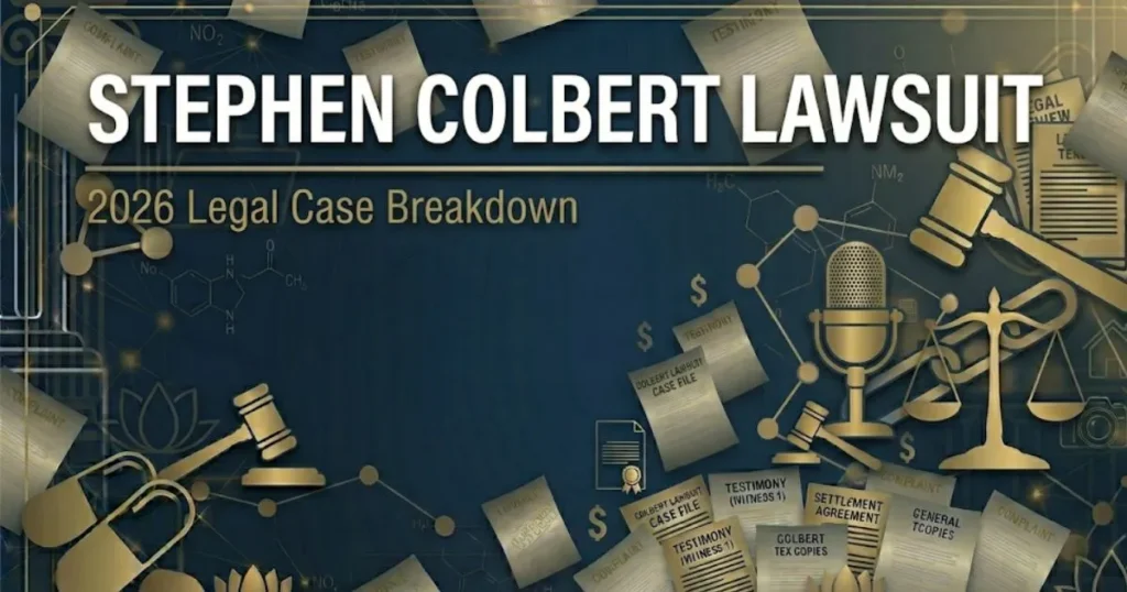 Stephen Colbert lawsuit 2026 legal case breakdown banner with gavel and microphone silhouette on navy background