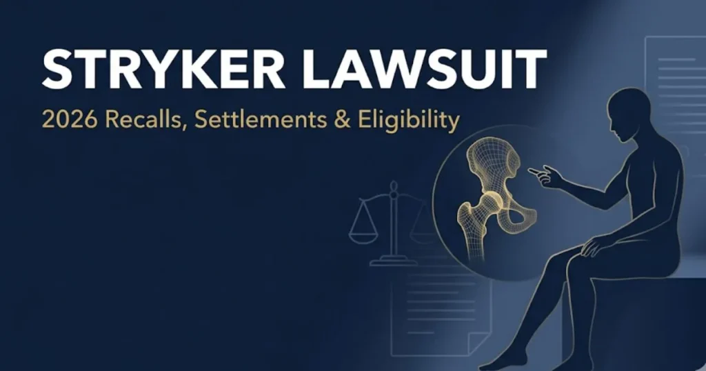 Stryker lawsuit 2026 hero banner showing recalled hip implant and legal scales on navy background MAIN KEYWORD {{stryker lawsuit}} CLUSTER KEYWORDS {{paste cluster keywords, separated by or