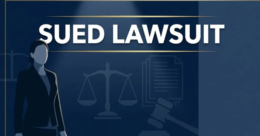 Sued lawsuit 2026 guide banner with legal scales and gavel silhouette on deep navy background