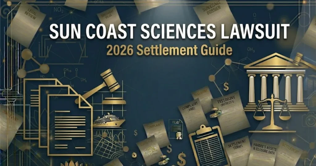 Sun Coast Sciences lawsuit 2026 settlement guide banner with courthouse icon on navy background