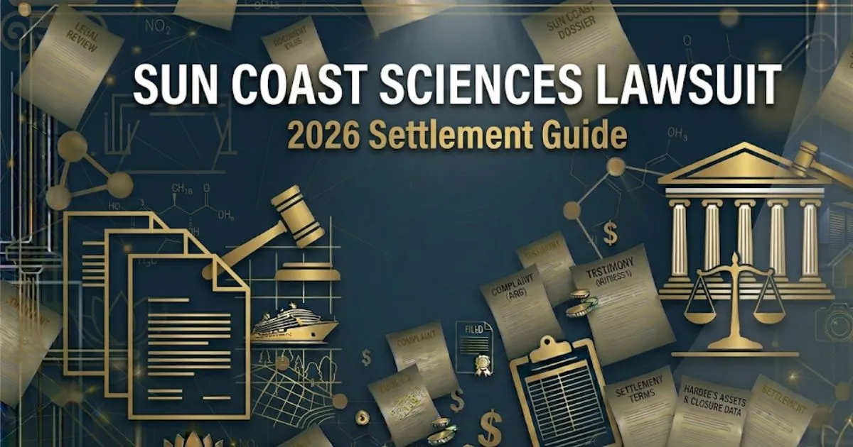 Sun Coast Sciences lawsuit 2026 settlement guide banner with courthouse icon on navy background