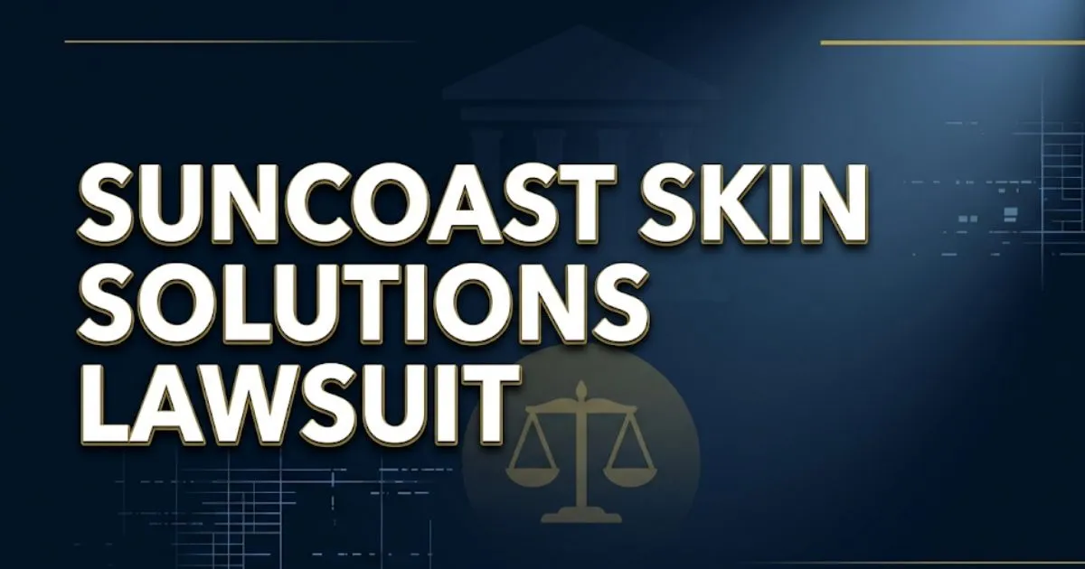 Suncoast Skin Solutions lawsuit hero banner with courthouse silhouette and data breach cybersecurity design on navy background.
