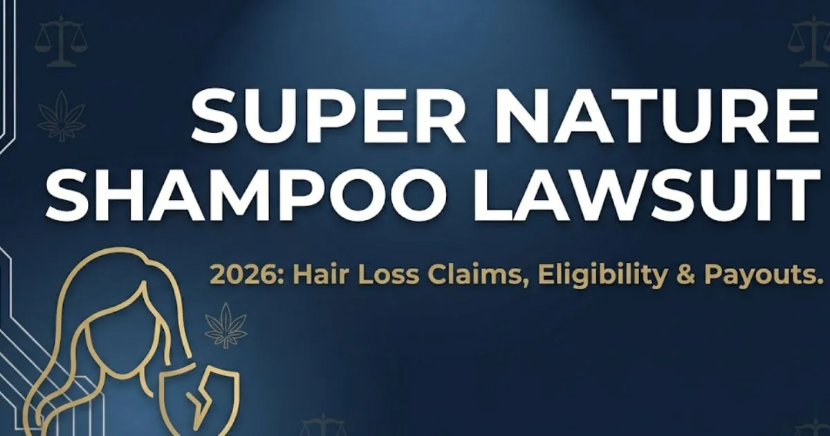 Super Nature shampoo lawsuit 2026 blog banner showing legal scales and hair loss claims headline in navy and gold