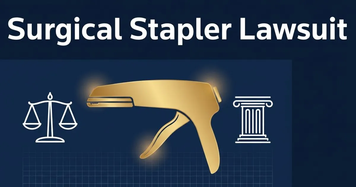 Surgical stapler lawsuit 2026 guide with legal scales and stapler illustration on navy background