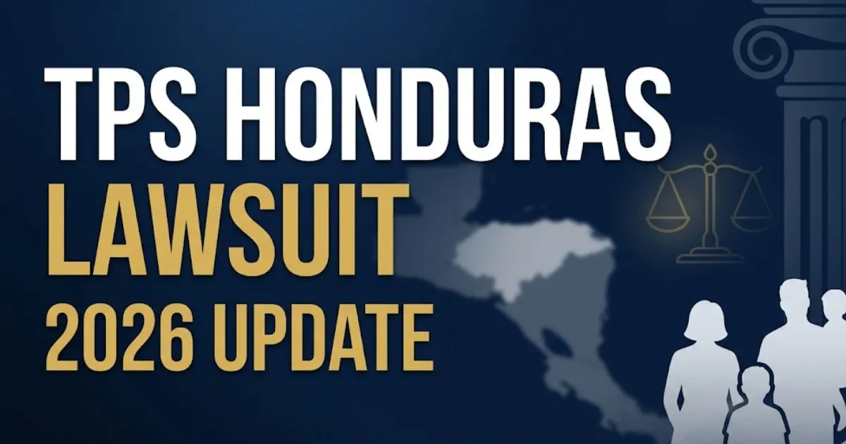 TPS Honduras lawsuit 2026 update blog banner with courthouse silhouette and legal scale icons on navy background