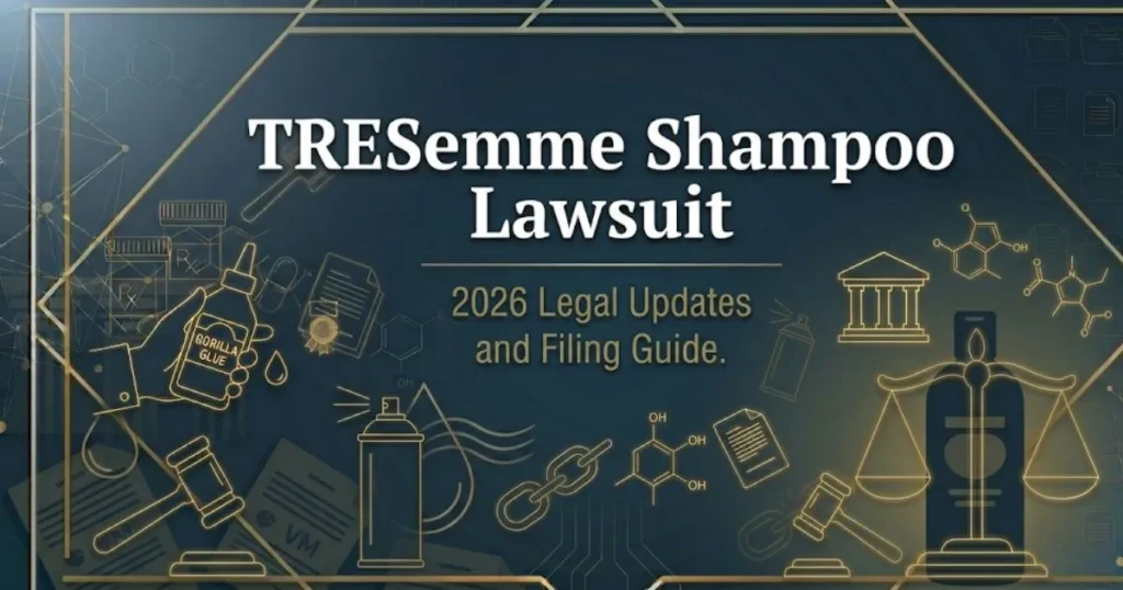 TRESemme shampoo lawsuit 2026 updates banner with legal symbols and navy gold design