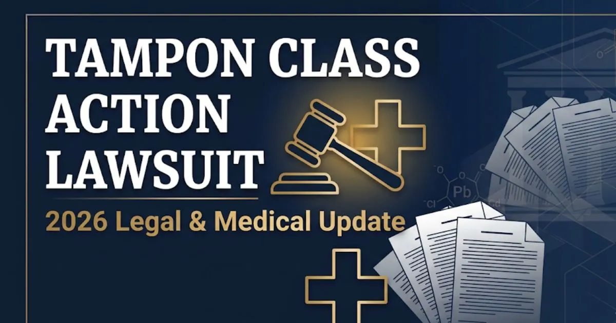 Tampon class action lawsuit 2026 legal blog banner with gavel and medical symbol