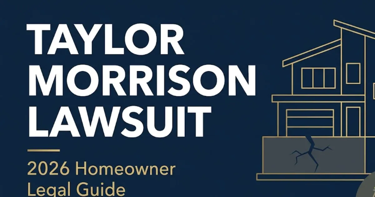 Taylor Morrison lawsuit 2026 legal guide banner showing silhouette house with foundation crack and balance scale icon