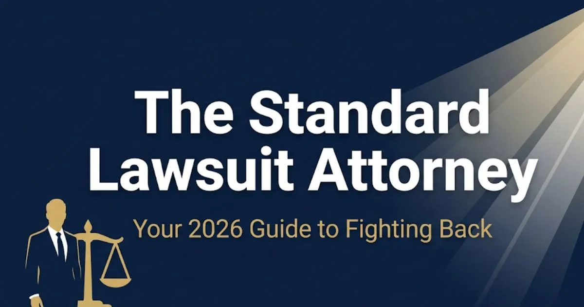 The Standard lawsuit attorney 2026 guide banner with scales of justice on deep navy background MAIN KEYWORD {{the standard lawsuit attorney}} CLUSTER KEYWORDS {{the standard lawsuit lawsuit