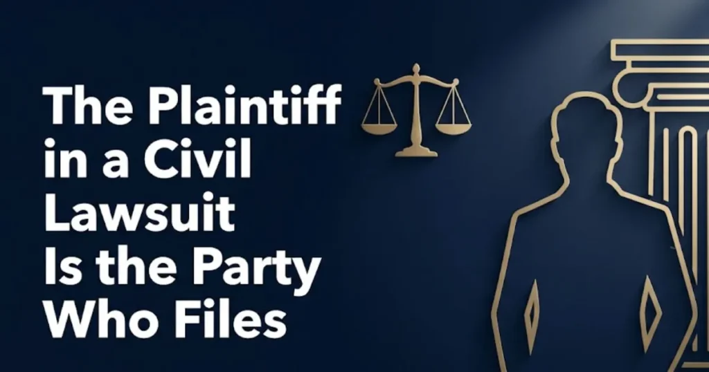 The plaintiff in a civil lawsuit is the party filing the claim, shown in a legal hero banner with courthouse and scales imagery.