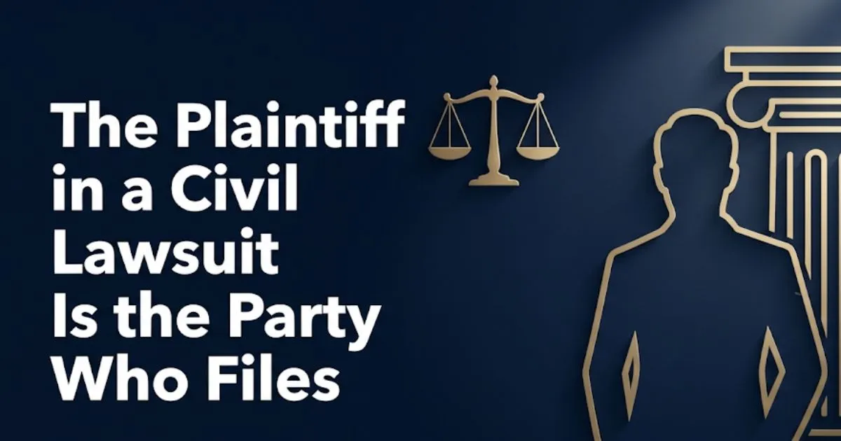 The plaintiff in a civil lawsuit is the party filing the claim, shown in a legal hero banner with courthouse and scales imagery.