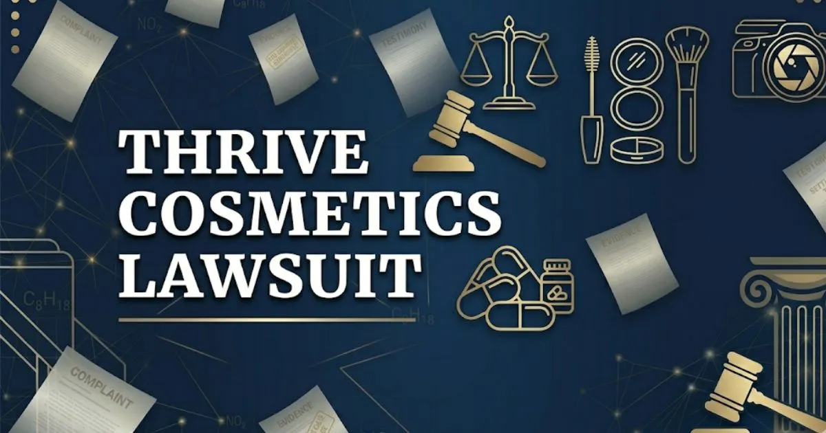Thrive Cosmetics Lawsuit 2026 blog banner with gavel and legal symbols on navy background
