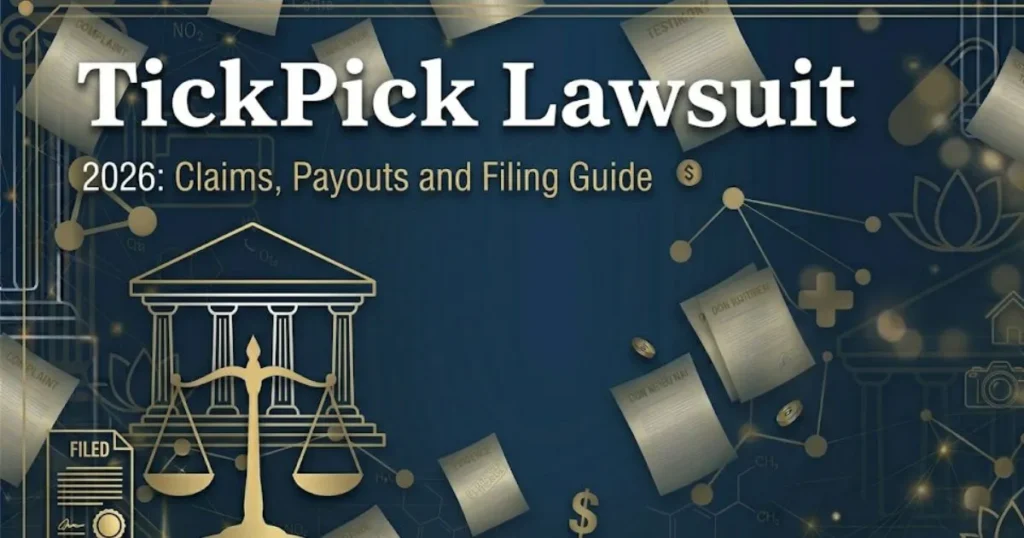 TickPick lawsuit 2026 legal banner showing courthouse silhouette with scales of justice on navy background