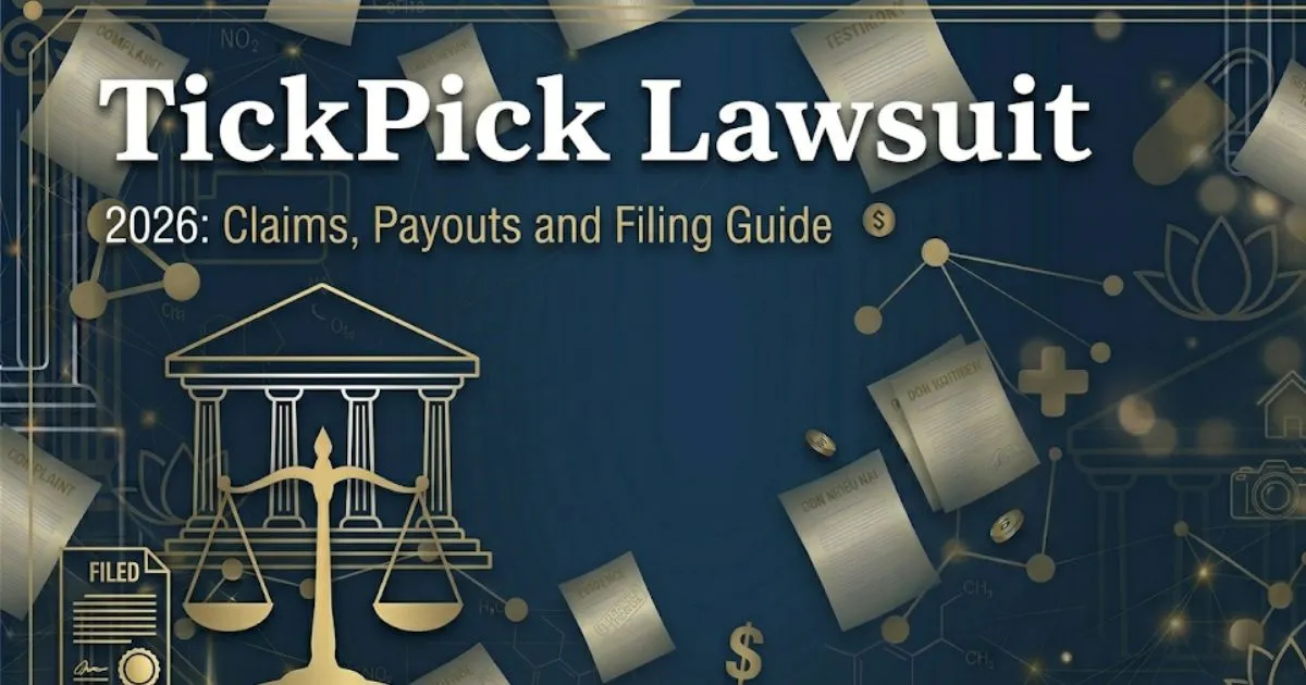 TickPick lawsuit 2026 legal banner showing courthouse silhouette with scales of justice on navy background