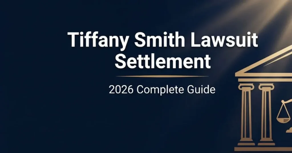 Tiffany Smith lawsuit settlement 2026 guide banner with courthouse silhouette and legal scales on navy background